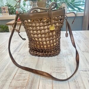 Liz Claiborne Woven Bucket Bag Metallic Bronze Round Handle Crossbody Strap
